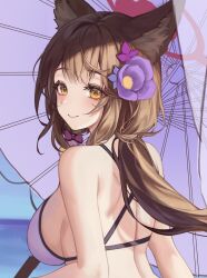 Rule 34 | 1girl, 1yu x, animal ears, back, bare shoulders, bikini, blue archive, breasts, brown hair, closed mouth, flower, fox ears, from behind, hair flower, hair ornament, halo, highres, large breasts, linea alba, long hair, looking at viewer, looking back, official alternate costume, oil-paper umbrella, smile, solo, string bikini, swimsuit, umbrella, upper body, wakamo (blue archive), wakamo (swimsuit) (blue archive), white bikini, yellow eyes