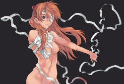 Rule 34 | 1girl, bandaged arm, bandaged head, bandages, black background, blue eyes, closed mouth, cowboy shot, frown, groin, hand on own chest, interface headset, kno1, long hair, looking at viewer, navel, neon genesis evangelion, nipples, nude, orange hair, out-of-frame censoring, outstretched arm, ribs, simple background, smile, solo, souryuu asuka langley, stomach
