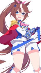 Rule 34 | 1girl, absurdres, adjusting clothes, adjusting gloves, animal ears, ascot, asymmetrical gloves, black gloves, blue eyes, bow, brown hair, buttons, commentary request, double-breasted, ear ornament, epaulettes, gloves, hair between eyes, highres, horse ears, horse girl, jacket, jyujo niton, long hair, long sleeves, mismatched gloves, multicolored clothes, multicolored hair, multicolored jacket, open mouth, pink ascot, pink bow, pleated skirt, shorts, side cape, simple background, single epaulette, skirt, solo, streaked hair, tokai teio (umamusume), two-tone jacket, umamusume, very long hair, white background, white gloves, white skirt