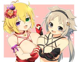 Rule 34 | 2girls, :3, animal collar, bell, black eyes, black hairband, blonde hair, blush, bondage outfit, bow, breast press, breasts, chain, collar, commentary request, gloves, green eyes, hair bell, hair between eyes, hair bow, hair ornament, hairband, heart, heterochromia, holding hands, ibuki (senran kagura), indian style, interlocked fingers, jingle bell, large breasts, lets0020, light brown hair, long bangs, long hair, looking at viewer, low twintails, medium bangs, messy hair, multiple girls, o-ring, o-ring top, open mouth, purple eyes, red bow, red gloves, red tube top, ryouna (senran kagura), senran kagura, short hair, sitting, smile, strapless, symmetrical docking, tube top, twintails, upper body