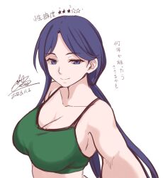 Rule 34 | 1girl, breasts, cleavage, closed mouth, commentary request, cototiworld, dated, green sports bra, highres, large breasts, long hair, looking at viewer, purple eyes, purple hair, signature, simple background, smile, solo, sports bra, toaru majutsu no index, translation request, white background, yomikawa aiho