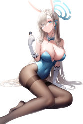 Rule 34 | 1girl, absurdres, animal ears, asuna (blue archive), asuna (bunny) (blue archive), blue archive, blue halo, breasts, detached collar, halo, highres, leotard, mole, mole on breast, official alternate costume, playboy bunny, rabbit ears, rabbit tail, simple background, solo, torrentduck, white background