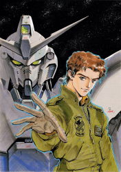 Rule 34 | 1boy, cover, cover page, g-saviour gundam, gloves, green eyes, green jacket, grey eyes, grey gloves, gundam, gundam g-saviour, highres, jacket, looking at viewer, male focus, mark curran, mecha, mobile suit, novel cover, official art, open hand, robot, scan, science fiction, smile, space, suzuki masahisa, v-fin