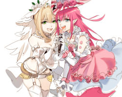 Rule 34 | &gt;:d, 10s, 2girls, :d, ahoge, blonde hair, blush, breasts, bridal veil, cleavage, cowboy shot, detached sleeves, dress, elbow gloves, elizabeth bathory (fate), elizabeth bathory (fate/extra ccc), elizabeth bathory (third ascension) (fate), fate/extra, fate/extra ccc, fate (series), frilled dress, frills, garter straps, gloves, green eyes, grey eyes, hair intakes, hat, hug (yourhug), leaning forward, leotard, lock, looking at viewer, microphone, multiple girls, music, nero claudius (bride) (fate), nero claudius (bride) (second ascension) (fate), nero claudius (fate), nero claudius (fate) (all), open mouth, padlock, pink dress, pointy ears, red hair, singing, smile, striped clothes, striped headwear, thighhighs, v-shaped eyebrows, veil, vertical-striped clothes, vertical-striped headwear, white gloves, white legwear, white leotard