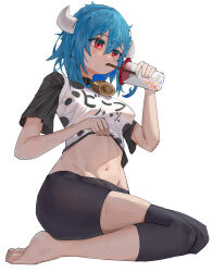 Rule 34 | 1girl, absurdres, animal print, barefoot, bell, black choker, black leggings, black shirt, blue hair, blush, breasts, bubble tea, choker, clothes lift, clothes writing, commentary request, cow horns, cow print, cowbell, cup, detached leggings, disposable cup, drinking, drinking straw, feet, firecracker (user kgxp3553), gym uniform, hair between eyes, highres, horns, jashin-chan dropkick, large breasts, leggings, lifted by self, medium hair, midriff, minos (jashin-chan dropkick), nail polish, navel, neck bell, orange nails, red eyes, shirt, shirt lift, simple background, sitting, skindentation, solo, sweat, thighs, toes, wariza, white background, white shirt