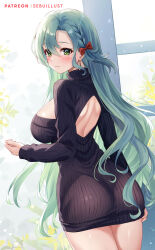 Rule 34 | 1girl, alternate costume, aqua hair, ass, back cutout, bare back, black sweater, blush, bow, braid, breasts, chloe (fire emblem), clothing cutout, commentary request, cowboy shot, dress, fire emblem, fire emblem engage, green eyes, hair bow, highres, large breasts, long hair, looking at viewer, nintendo, red bow, ribbed sweater, sebu illust, solo, standing, sweater, sweater dress, thighs, turtleneck, turtleneck sweater, very long hair