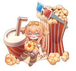 1girl 3d_glasses absurdres bell bendy_straw blue_eyes bow brown_hair butter_(trickcal) chibi chibi_only cup disposable_cup drinking_straw food highres jeongdang_geolae long_hair neck_bell popcorn solo striped_clothes striped_thighhighs thighhighs transparent_background trickcal yellow_bow