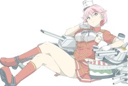 Rule 34 | 1girl, boots, breasts, full body, giuseppe garibaldi (kancolle), gloves, hat, kantai collection, looking at viewer, machinery, medium breasts, ninimo nimo, pink eyes, pink hair, pleated skirt, red footwear, red shirt, red skirt, rigging, shirt, short hair, short sleeves, simple background, sitting, skirt, solo, turret, white background, white gloves, white hat