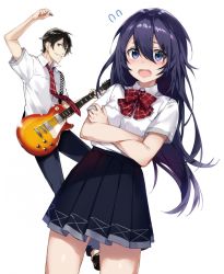 Rule 34 | 1boy, 1girl, arisaka ako, arm up, black eyes, black hair, black skirt, blouse, blush, bow, bowtie, cover, cover page, cowboy shot, crossed arms, dutch angle, electric guitar, flying sweatdrops, gibson les paul, grin, guitar, hair between eyes, hikikomori-hime wo utawasetai!, instrument, long hair, necktie, novel cover, official art, open mouth, parted lips, plaid, plaid bow, plaid bowtie, plaid necktie, pleated skirt, plectrum, purple eyes, purple hair, school uniform, shirt, short sleeves, simple background, skirt, smile, solo focus, standing, thighs, white background, white shirt