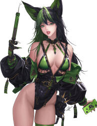 Rule 34 | 1girl, absurdres, animal ear fluff, animal ears, black collar, black hair, black jacket, black leotard, blue gemstone, breasts, cellphone, cleavage, collar, commentary, cowboy shot, daeho cha, dated commentary, english commentary, fingernails, gem, green eyes, green hair, green nails, hair between eyes, highleg, highleg leotard, highres, holding, holding phone, holding syringe, jacket, jacket partially removed, large breasts, leotard, long hair, long sleeves, looking at viewer, mechanical hands, multicolored hair, nail polish, open clothes, open jacket, original, phone, single mechanical hand, skull, smartphone, solo, spiked collar, spikes, syringe, teeth, thigh strap, tongue, tongue out, two-tone hair, upper teeth only, zipper pull tab