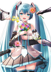 Rule 34 | 5girls, absurdres, aqua eyes, aqua hair, aqua necktie, bare shoulders, black skirt, black sleeves, black thighhighs, bloom, bouquet, camellia, commentary, daisy, detached sleeves, flower, grey shirt, hair ornament, hatsune miku, hatsune miku (append), hatsune miku (nt), hatsune miku (vocaloid3), hatsune miku (vocaloid4), headphones, headset, highres, holding, holding bouquet, holding flower, jasmine (flower), layered sleeves, light blush, long hair, looking at viewer, macha 3939, microphone, miniskirt, multicolored flower, multiple girls, multiple persona, necktie, open mouth, out of frame, piapro, pink flower, pleated skirt, rainbow flower, red flower, rose, see-through, see-through sleeves, shirt, skirt, sleeveless, sleeveless shirt, smile, straight-on, sweet pea, teeth, thighhighs, tie clip, twintails, upper teeth only, very long hair, vocaloid, vocaloid append, white background, white flower, white sleeves, yellow flower, zettai ryouiki