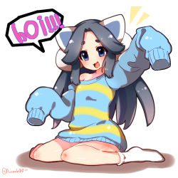 Rule 34 | 1girl, :3, ^^^, animal ears, animification, arm up, at (endroll0), black hair, blue eyes, bob (undertale), commentary request, eyebrows, full body, hair intakes, hands in opposite sleeves, humanization, long hair, looking at viewer, no nose, no pants, no shoes, off shoulder, open mouth, oversized clothes, personification, short eyebrows, sidelocks, simple background, sitting, sleeves past wrists, socks, solo, speech bubble, striped clothes, striped sweater, sweater, temmie, thick eyebrows, twitter username, undertale, wariza, white background, white socks