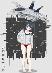 Rule 34 | 1girl, aircraft, aircraft name, airplane, artist name, atamonica, barefoot, black eyes, black hair, black one-piece swimsuit, breasts, cleavage, commentary, ea-18g growler, english commentary, full body, grey background, grey sweater, head tilt, highres, looking at viewer, medium breasts, one-piece swimsuit, one side up, original, short hair, solo, sweater, swimsuit