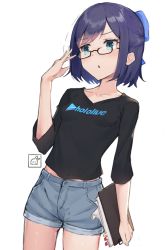 Rule 34 | 1girl, a-chan (hololive), adjusting eyewear, artist logo, bare legs, black-framed eyewear, black shirt, blue bow, blue eyes, blue shorts, blush, bow, breasts, clipboard, clothes writing, collarbone, commentary, copyright name, cowboy shot, denim, denim shorts, furrowed brow, glasses, hair bow, haru on, highres, holding, holding clipboard, hololive, looking away, midriff peek, open mouth, semi-rimless eyewear, shirt, short hair, short shorts, short sleeves, shorts, simple background, small breasts, solo, t-shirt, thighs, virtual youtuber, white background