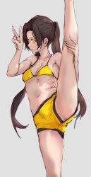 Rule 34 | arm up, bad id, bad pixiv id, bikini, black hair, breasts, chamsaechi, closed mouth, highres, looking at viewer, original, pants, solo, split, standing, standing on one leg, swimsuit, teeth, twintails, underwear, upper teeth only, victory pose, yellow bikini, yellow eyes, yellow pants