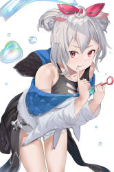 Rule 34 | 1girl, :p, absurdres, black tank top, bubble wand, closed mouth, collarbone, commentary, double bun, grey hair, hair bun, hair ribbon, highres, holding, jacket, leaning forward, long sleeves, looking at viewer, mosta (lo1777789), off shoulder, open clothes, open jacket, original, red eyes, red ribbon, ribbon, short shorts, shorts, simple background, smile, solo, symbol-only commentary, tank top, tongue, tongue out, water, white background, white jacket, white shorts