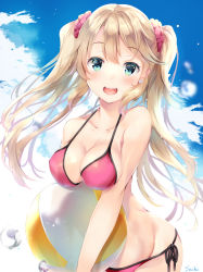 Rule 34 | 1girl, :d, bad id, bad pixiv id, ball, bare arms, bare shoulders, beachball, bikini, blonde hair, blue sky, blush, breasts, cleavage, cloud, cloudy sky, collarbone, commentary, day, green eyes, hair between eyes, hair ornament, hair scrunchie, halterneck, looking at viewer, medium breasts, open mouth, original, outdoors, pink bikini, red scrunchie, scrunchie, side-tie bikini bottom, signature, sky, smile, solo, string bikini, suihi, swimsuit, twintails