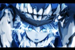 Rule 34 | 10s, 1girl, abyssal ship, blue eyes, blue theme, close-up, collar, commentary request, glowing, glowing eyes, hair between eyes, headgear, highres, hometa, kantai collection, looking at viewer, monochrome, open mouth, solo, teeth, white hair, wo-class aircraft carrier