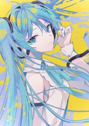 Rule 34 | 1girl, antenna hair, blue eyes, blue hair, blue nails, breasts, closed mouth, collared shirt, detached sleeves, falling leaves, from side, hair between eyes, hair ornament, hand up, hatsune miku, head tilt, headphones, highres, leaf, long hair, long sleeves, nail polish, see-through, see-through sleeves, shirt, sidelocks, simple background, sleeveless, sleeveless shirt, small breasts, smile, solo, tomo7xxxx, twintails, upper body, vocaloid, white shirt, yellow background