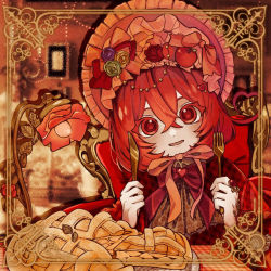 Rule 34 | 1girl, ahoge, apple, apple pie, blurry, blurry background, blush, bonnet, border, bow, bowtie, brooch, capelet, chair, colored eyelashes, desk lamp, flower, food, fork, frilled hat, frills, fruit, hat, heart, heart ahoge, heart brooch, highres, holding, holding fork, holding knife, jewelry, knife, lamp, lolita fashion, looking at viewer, neck ribbon, on chair, open mouth, original, pie, pie slice, plate, pocan, red eyes, red hair, ribbon, rose, short hair, side ahoge, sitting, smile, solo