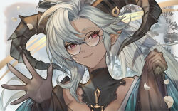 Rule 34 | 1girl, absurdres, black dress, black gloves, blue dress, collarbone, detached collar, dress, fang, fediel (granblue fantasy), fediel (soul soother&#039;s finery) (granblue fantasy), glasses, gloves, gradient background, granblue fantasy, highres, horns, long eyelashes, long hair, long neck, looking at viewer, palms, pointy ears, red eyes, round eyewear, solo, spread fingers, suzu (suzuame329), tan, thick eyelashes, two-tone dress, waving, white background, white hair