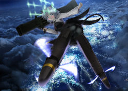 Rule 34 | 1girl, absurdres, animal ears, ass, black necktie, black pantyhose, blush, breasts, cat ears, cat tail, cloud, cloudy sky, fliegerhammer, flying, full body, green eyes, highres, looking at viewer, looking back, memory (prophet5), military, military uniform, miniskirt, necktie, open mouth, outdoors, pantyhose, rocket launcher, sanya v. litvyak, short hair, skirt, sky, small breasts, smile, solo, strike witches, striker unit, tail, uniform, weapon, white hair, world witches series