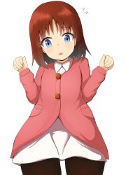Rule 34 | 1girl, absurdres, black pantyhose, blue eyes, blush, brown hair, collared dress, copyright request, cowboy shot, dress, flying sweatdrops, hands up, head tilt, highres, jacket, long hair, long sleeves, looking at viewer, mitiru ccc2, pantyhose, parted lips, pink jacket, solo, white dress