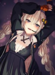 Rule 34 | 1girl, :d, ahoge, arms up, at2., black dress, black jacket, blue eyes, braid, breasts, cross tie, dress, dutch angle, fingerless gloves, fur-trimmed jacket, fur trim, gloves, hair ornament, hairpin, half-closed eyes, headset, highres, jacket, kizuna akari, long hair, long sleeves, looking at viewer, medium breasts, open clothes, open jacket, open mouth, orange gloves, purple background, silver hair, smile, solo, twin braids, upper body, very long hair, vocaloid, voiceroid