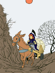 Rule 34 | 1girl, animal, bare tree, cart, d-nobi, donkey, hood, onozuka komachi, outdoors, red hair, touhou, tree
