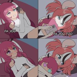 Rule 34 | 2girls, bed, couple texting in bed (meme), doll, hakos baelz, heterochromia, highres, holocouncil, hololive, hololive english, irys (hololive), meme, multiple girls, namiorii, pillow, virtual youtuber
