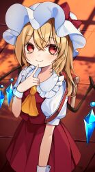 Rule 34 | 1girl, ascot, blonde hair, blush, closed mouth, collared shirt, crystal, flandre scarlet, frilled shirt collar, frills, hair between eyes, hat, highres, long hair, looking at viewer, mob cap, one side up, puffy short sleeves, puffy sleeves, red eyes, red skirt, red vest, shirt, short sleeves, signature, skirt, smile, solo, touhou, vest, white hat, white shirt, wings, wrist cuffs, yellow ascot, yuineko
