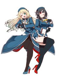 Rule 34 | 2girls, ascot, atago (kancolle), back-to-back, beret, black gloves, black pantyhose, black skirt, black thighhighs, blonde hair, blue headwear, blue jacket, breasts, garter straps, gloves, green eyes, hat, jacket, kantai collection, large breasts, military uniform, miniskirt, multiple girls, one eye closed, open mouth, pantyhose, red eyes, red footwear, round teeth, short hair, simple background, skirt, smile, takao (kancolle), teeth, thighhighs, udukikosuke, uniform, upper teeth only, white ascot, white background