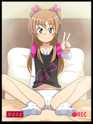 Rule 34 | 10s, 1girl, bad id, bad pixiv id, bed, camera, eyelashes, houjou hibiki, looking at viewer, no pants, panties, precure, pussy juice stain, recording, socks, solo, spread legs, stained panties, suite precure, tamagoroo, twintails, two side up, underwear, v, viewfinder, white panties