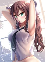 Rule 34 | 10s, 1girl, adjusting hair, armpits, arms up, black necktie, blush, bottomless, breasts, brown hair, collar, collarbone, dutch angle, eyebrows, gloves, green eyes, groin, guardian-panda, hair between eyes, hair ribbon, kantai collection, leaf, long hair, looking at viewer, medium breasts, mouth hold, navel, necktie, noshiro (kancolle), plant, red ribbon, ribbon, see-through, see-through silhouette, shirt, sleeveless, sleeveless shirt, solo, stomach, sunlight, tree, tying hair, upper body, white gloves, white shirt, window
