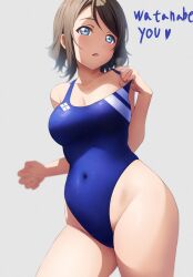 Rule 34 | 1girl, blue eyes, blush, breasts, brown hair, competition swimsuit, highres, large breasts, love live!, love live! sunshine!!, medium breasts, navel, nuguri444, one-piece swimsuit, short hair, solo, swimsuit, thighs, watanabe you, wavy hair