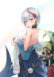 Rule 34 | 1girl, absurdres, admiral graf spee (a novel anniversary) (azur lane), admiral graf spee (azur lane), alcohol, azur lane, back, blue eyes, bottle, breasts, choker, cup, dress, drinking glass, earrings, evening gown, from side, gradient dress, highres, jewelry, mk.sweet, multicolored hair, nipples, official alternate costume, red hair, short hair, small breasts, streaked hair, undressing, white hair, wine, wine bottle, wine glass