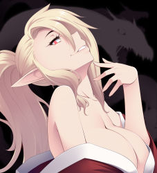 Rule 34 | 1girl, bad id, bad pixiv id, bare shoulders, blonde hair, breasts, byunei, demon girl, hayashi custom, large breasts, long hair, looking at viewer, lord of vermilion, off shoulder, pointy ears, ponytail, red eyes, romancing saga 3, saga, solo, upper body