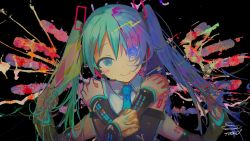 Rule 34 | 1girl, aqua eyes, aqua hair, bare shoulders, black background, blue eyes, collared shirt, commentary request, detached sleeves, dithering, extra arms, hair between eyes, hassan (sink916), hatsune miku, hatsune miku (vocaloid4), heterochromia, highres, holding, holding hair, long hair, looking at viewer, multicolored hair, necktie, paint splatter, purple hair, shirt, signature, sleeveless, smile, solo, twintails, vocaloid, white shirt