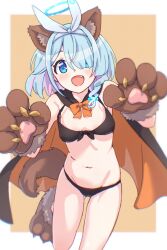 Rule 34 | 1girl, :d, animal ears, animal hands, arona (blue archive), bikini, black bikini, black cape, blue archive, blue eyes, blue hair, bow, breasts, brown background, brown footwear, brown gloves, cape, commentary, dog ears, dog tail, fake animal ears, fake tail, fang, front-tie bikini top, front-tie top, gloves, groin, hair over one eye, hair ribbon, halloween costume, halo, halterneck, highres, karahai (31448823), leg up, looking at viewer, medium hair, navel, open mouth, orange bow, orange cape, paw gloves, paw shoes, ribbon, small breasts, smile, solo, standing, standing on one leg, swimsuit, tail, two-sided cape, two-sided fabric, white ribbon