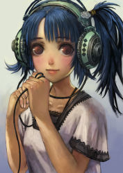 Rule 34 | 1girl, bad id, bad pixiv id, blue hair, blush, brown eyes, cable, casual, docoi, female focus, gradient background, headphones, lips, solo, twintails