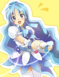 Rule 34 | 1girl, bad id, bad pixiv id, blue choker, blue dress, blush, brooch, choker, cure marine, dress, flower tact, hair ornament, heart, heart brooch, heartcatch precure!, jewelry, kurumi erika, long hair, looking at viewer, magical girl, mani (second-dimension), open mouth, precure, puffy short sleeves, puffy sleeves, short sleeves, skirt, smile, solo, thighhighs, white dress, white thighhighs, yellow background