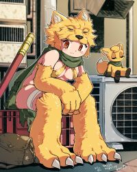 Rule 34 | 1girl, absurdres, air conditioner, animal feet, animal hands, bakio, blonde hair, blush, bra, breasts, cape, closed mouth, commentary request, commission, fang, fang out, fox, fox girl, fox hat, full body, green cape, highres, looking at viewer, medium breasts, moonlight flower, panties, ragnarok online, red eyes, second-party source, short hair, sitting, skeb commission, smile, solo, staff, underwear, yellow bra, yellow panties