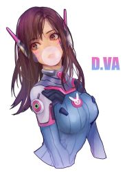 Rule 34 | 1girl, animal print, armor, bad id, bad twitter id, bodysuit, breasts, brown eyes, brown hair, blowing bubbles, character name, chewing gum, cropped arms, d.va (overwatch), eyebrows, eyelashes, facepaint, facial mark, headphones, long hair, medium breasts, overwatch, overwatch 1, pauldrons, pilot suit, rabbit print, ribbed bodysuit, shoulder armor, shoulder pads, simple background, solo, turtleneck, upper body, whisker markings, white background