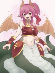 Rule 34 | 1girl, :d, blush, bright pupils, censored, cleavage cutout, clothing cutout, commission, dragon girl, dragon horns, dragon wings, fangs, heart, heart cutout, highres, horns, lamia, looking at viewer, monster girl, mosaic censoring, navel, open mouth, original, pink hair, pointy ears, pussy, scales, side ponytail, sidelocks, skeb commission, smile, solo, white pupils, wings, yonaga san