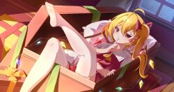 Rule 34 | 1girl, ahoge, ascot, blonde hair, christmas, dress, feet, finger to mouth, flandre scarlet, full body, gift, indoors, kk snake, on bed, pillow, red dress, red eyes, red ribbon, ribbon, shushing, side ponytail, solo, thighhighs, touhou, yellow ascot