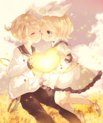 Rule 34 | 1boy, 1girl, ;&gt;, ^ ^, anniversary, birthday, blonde hair, blue eyes, blush, bow, brother and sister, buttons, cheek-to-cheek, child, closed eyes, coco (hinatacoco), commentary, dress, field, flower, flower field, fluffy, footwear ribbon, glowing heart, hair bow, hair ornament, hairclip, heads together, highres, holding, kagamine len, kagamine rin, long sleeves, one eye closed, pants, pantyhose, petals, sailor collar, siblings, smile, twins, vocaloid, white pantyhose, yellow flower