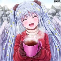Rule 34 | 1girl, :d, angel wings, blue hair, blush, brown gloves, coat, coffee, commission, dairoku ryouhei, day, closed eyes, facing viewer, gloves, hair bobbles, hair ornament, hatejima raichi, long hair, looking at viewer, open mouth, outdoors, red coat, smile, solo, steam, sweater, turtleneck, turtleneck sweater, twintails, upper body, white wings, wings