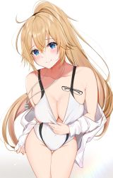 Rule 34 | 1girl, bare shoulders, black-framed eyewear, blonde hair, blue eyes, blush, breasts, cleavage, closed mouth, clothes pull, collarbone, commentary request, covered navel, fate/grand order, fate (series), fingernails, glasses, gradient background, highres, jacket, jeanne d&#039;arc (fate), jeanne d&#039;arc (ruler) (fate), jeanne d&#039;arc (swimsuit archer) (fate), jeanne d&#039;arc (swimsuit archer) (second ascension) (fate), long hair, looking at viewer, medium breasts, off shoulder, one-piece swimsuit, one-piece swimsuit pull, open clothes, open jacket, ponytail, shiny skin, simple background, smile, solo, swimsuit, thighs, uiri-na, whistle, whistle around neck, white background, white jacket