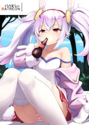 Rule 34 | 1girl, animal ears, artist name, azur lane, bare shoulders, blurry, blurry background, blush, bottle, camisole, commentary request, depth of field, drinking, hair between eyes, hair ornament, hairband, highres, holding, holding bottle, jacket, knees together feet apart, laffey (azur lane), lo xueming, long hair, long sleeves, open clothes, open jacket, panties, pink hair, pink jacket, rabbit ears, red eyes, red hairband, sidelocks, solo, strap slip, striped clothes, striped panties, thighhighs, twintails, underwear, white camisole, white thighhighs