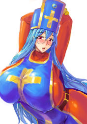 Rule 34 | 1girl, arm behind head, arms up, belt, blue hair, blush, bodysuit, breasts, covered erect nipples, dragon quest, dragon quest iii, female focus, glasses, gloves, hat, huge breasts, leaning forward, long hair, mesiuma joutai, open mouth, priest (dq3), red eyes, simple background, solo, standing, tabard, upper body, white background